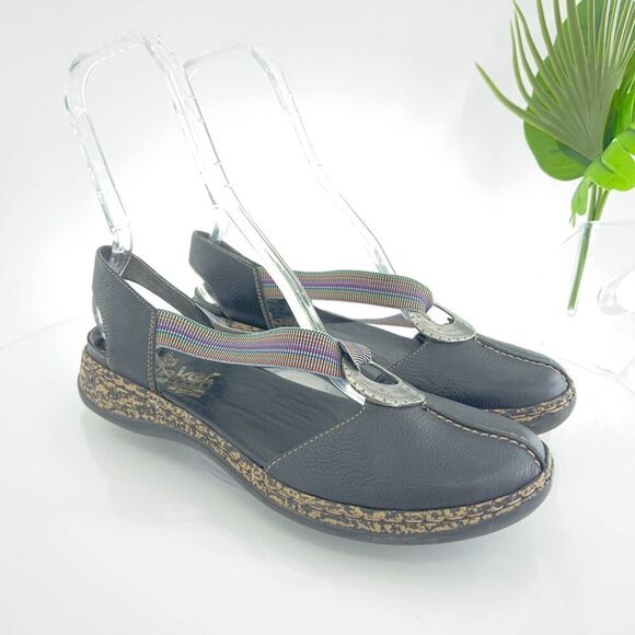 Rieker Daisy Sandals Size 41 9.5 Shoe Slingback Black Leather Multicolored Strap - Picture 2 of 14